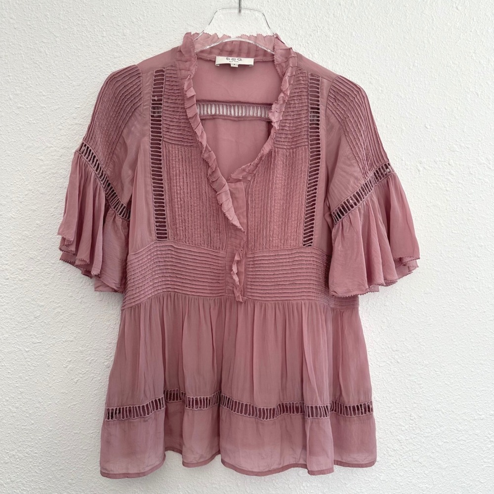 Sea New York Blouse Womens 6 Mauve Ladder Lace Ruffle Romantic Feminine
